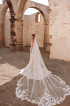 Elegant lace bridal gown with a chapel-length veil and floral details, ideal for a romantic heritage wedding.