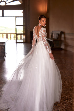 Lace wedding dress with long sleeves Calista Cristal from DAMA Couture (back picture)