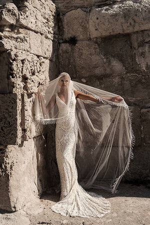 Cathedral veil with fringe – DAMA Couture cathedral wedding veil, front view.