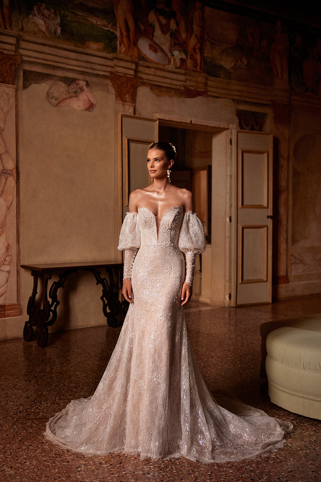 Genevieve wedding dress from the front, with a sweetheart neckline and off-the-shoulder puff sleeves