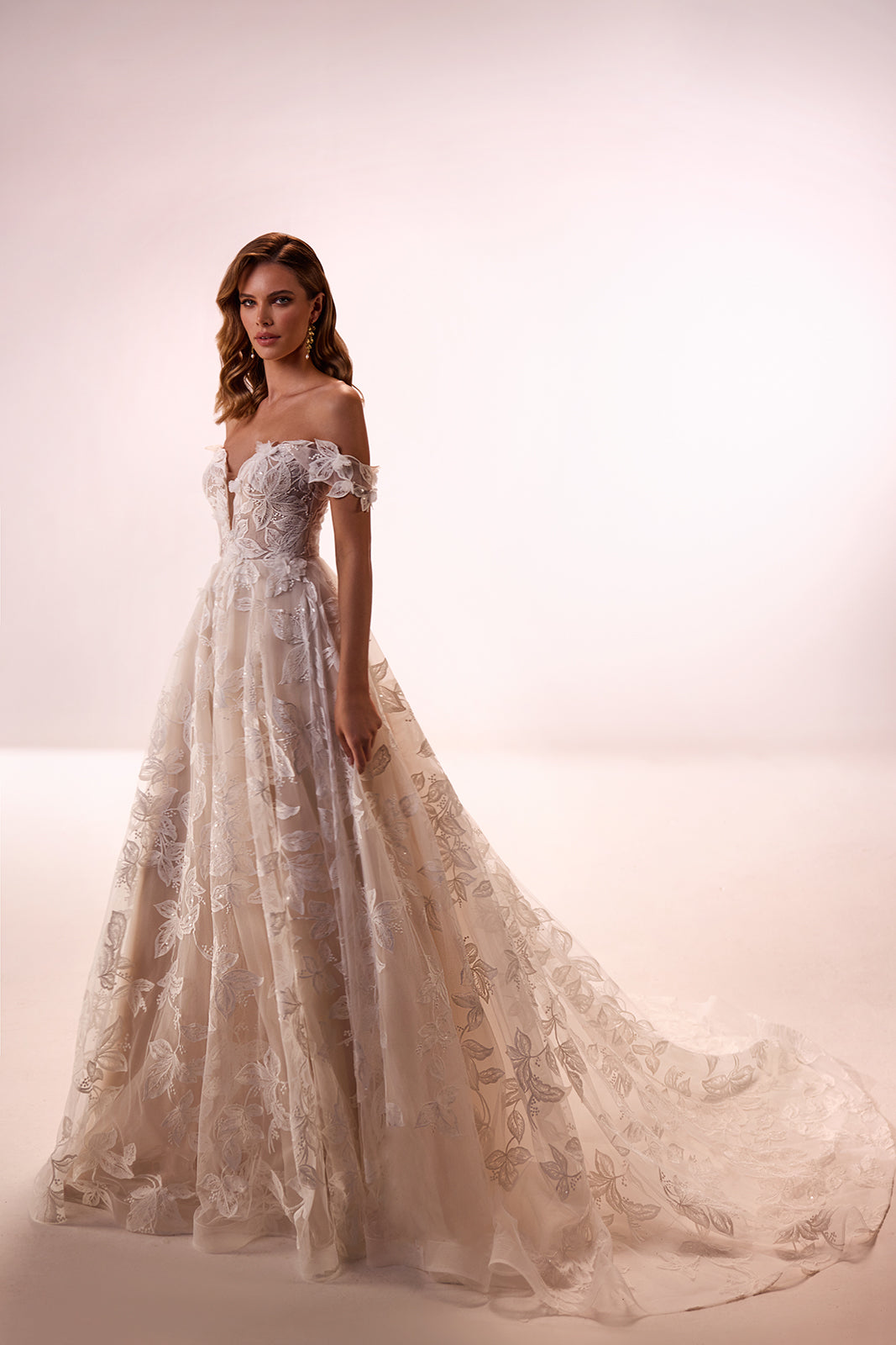 Ivy A-line wedding dress with floral lace and off-the-shoulder sleeves