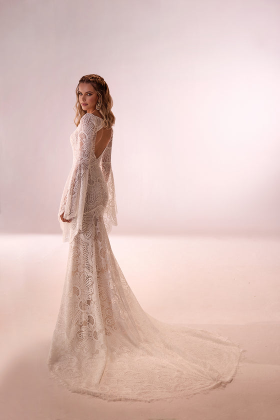 Bohemian lace wedding dress with witch sleeves Maya from DAMA Couture (back studio photo)