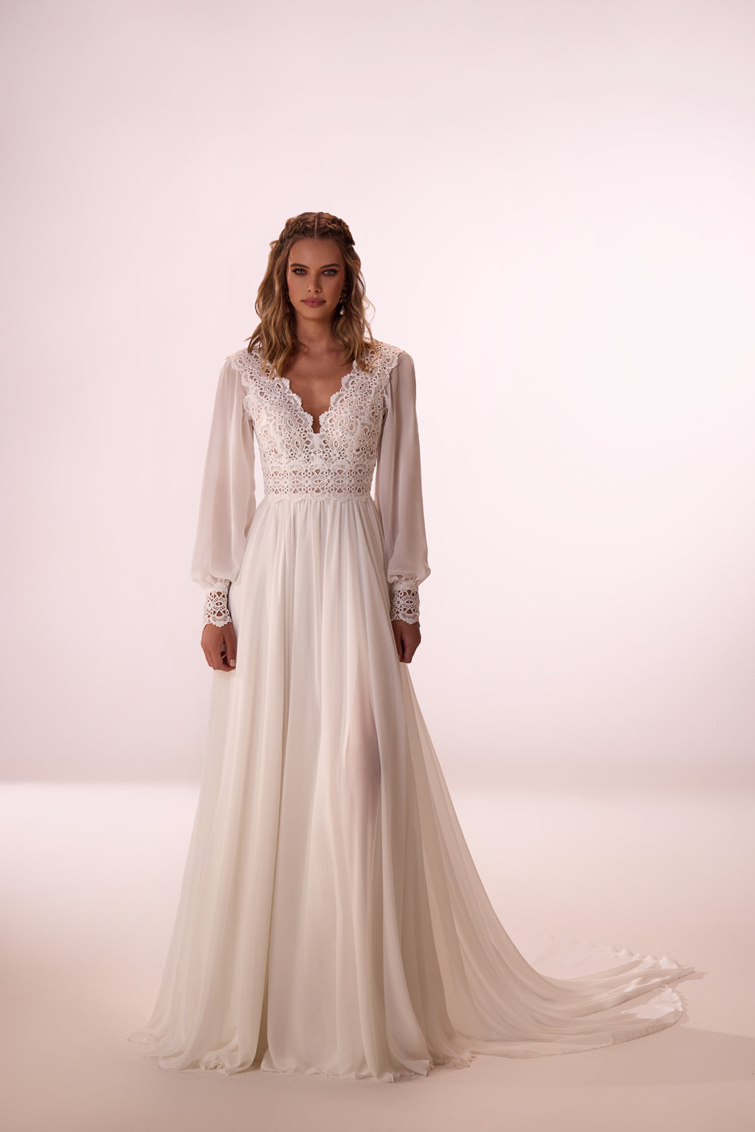 Ophelia wedding dress from the front, with long sleeves and flowing chiffon