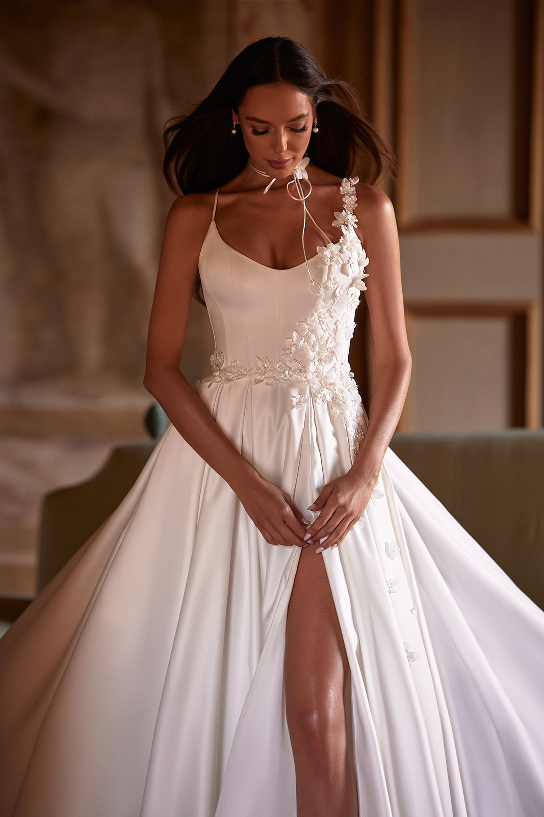 Seraphine satin wedding dress from the front, with a fitted bodice