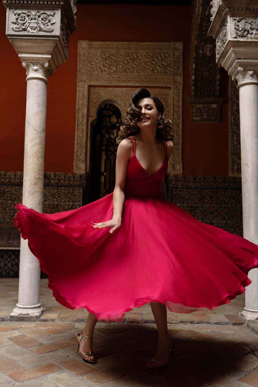 Merlin Raspberry – DAMA Couture short evening dress, front view.