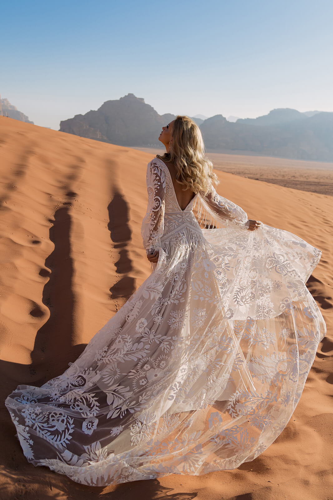 Onava wedding dress with long lace sleeves above a soft tulle skirt