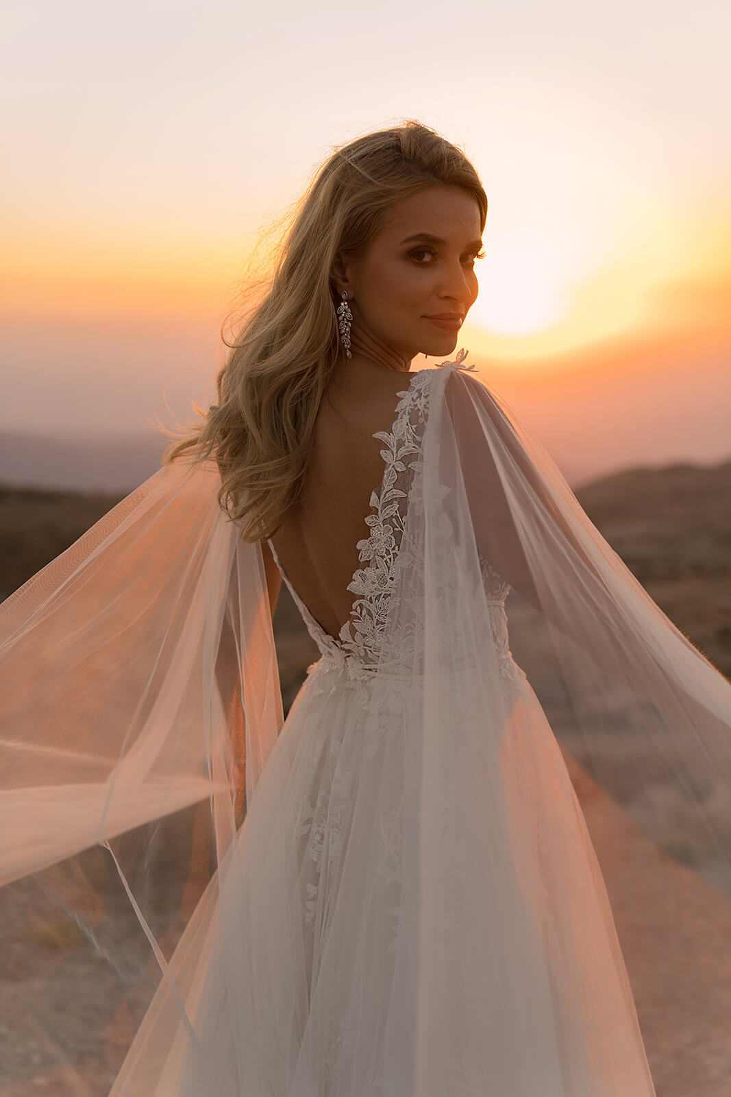 Linda wedding dress from behind, with a deep lace-edged back and long tulle cape