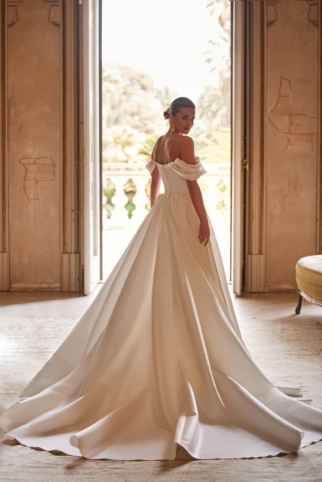 Half-length view of Bona wedding dress, showing the waist and gathered sweetheart neckline