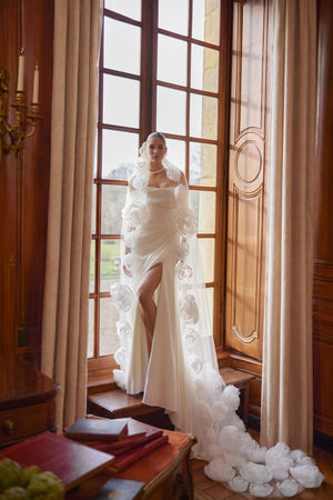 Calliope veil - long tulle veil with a lace-trimmed edge, worn with the Calliope wedding dress.