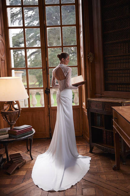 Greta wedding dress – a richly beaded strapless corset and draped satin skirt, from the Something Blue 2027 bridal collection.
