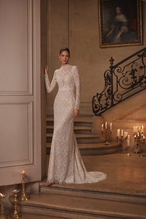 Juniona wedding dress – mermaid bridal gown with a high neckline, fitted long sleeves and geometric lace.