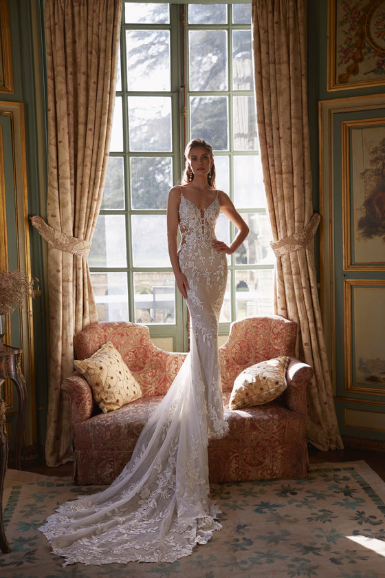 Ondine wedding dress – mermaid bridal gown with a plunging V-neckline and deep illusion scoop back.