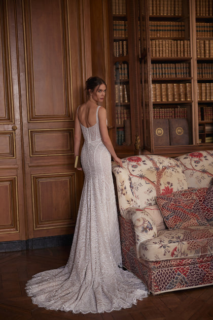 Tissaia wedding dress – mermaid bridal gown with a modern square neckline and low scoop back.