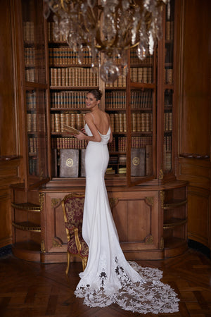 Valerie wedding dress – mermaid bridal gown with spaghetti straps and a softly draped cowl neckline.