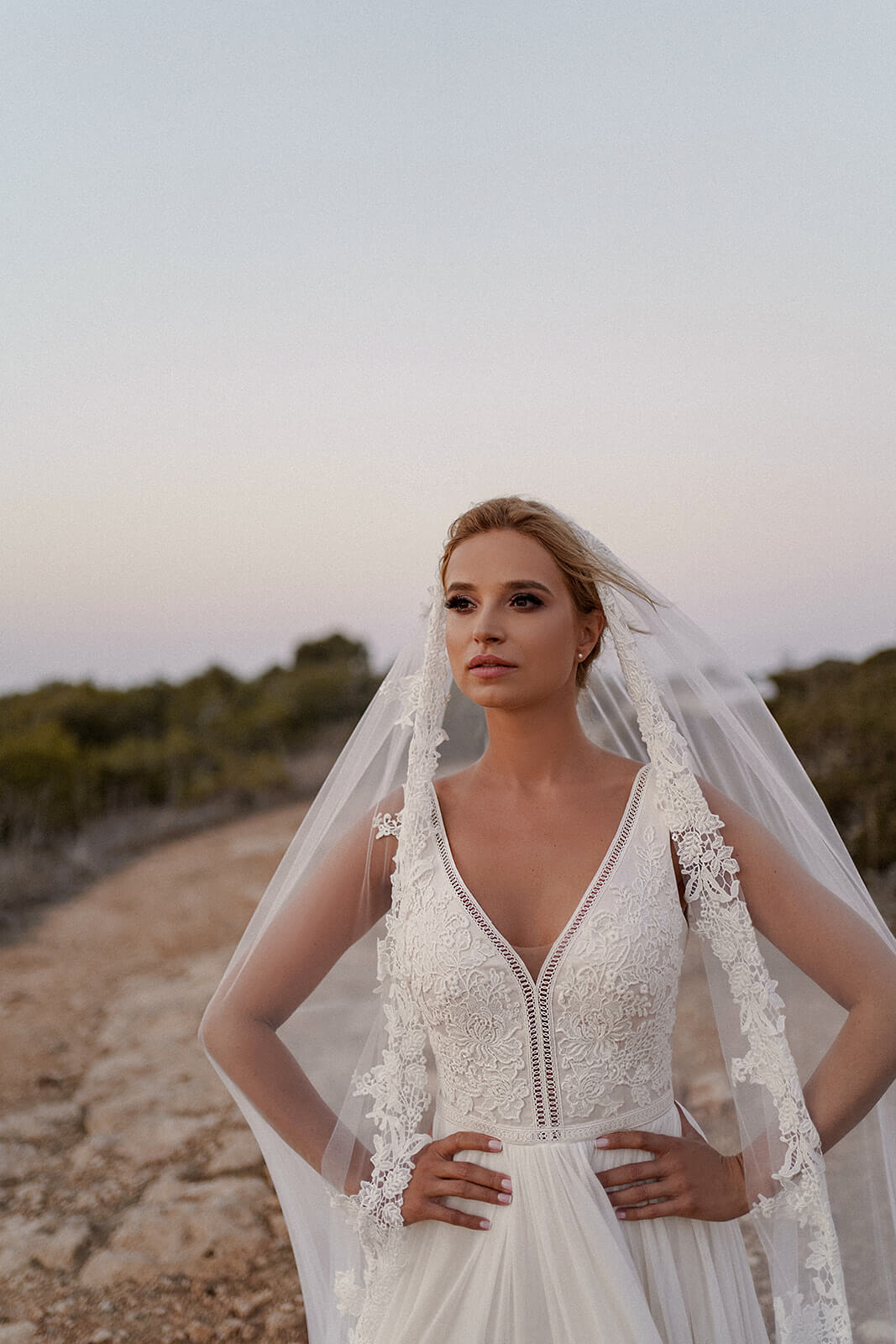 Behind the bride, Cathedral veil with lace spread to its full width