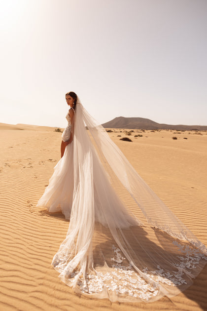 Aviva long bridal veil in cathedral style with lace details on the edge, creating a timeless and elegant wedding style.