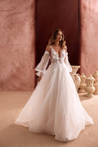 Lilibeth A-line bridal gown with soft tulle sleeves and 3D floral detailing embodies ethereal elegance and romance.