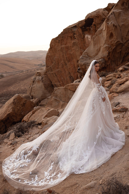 Long cathedral wedding veil with floral lace appliqués, creating a dramatic bridal look against a rocky backdrop.